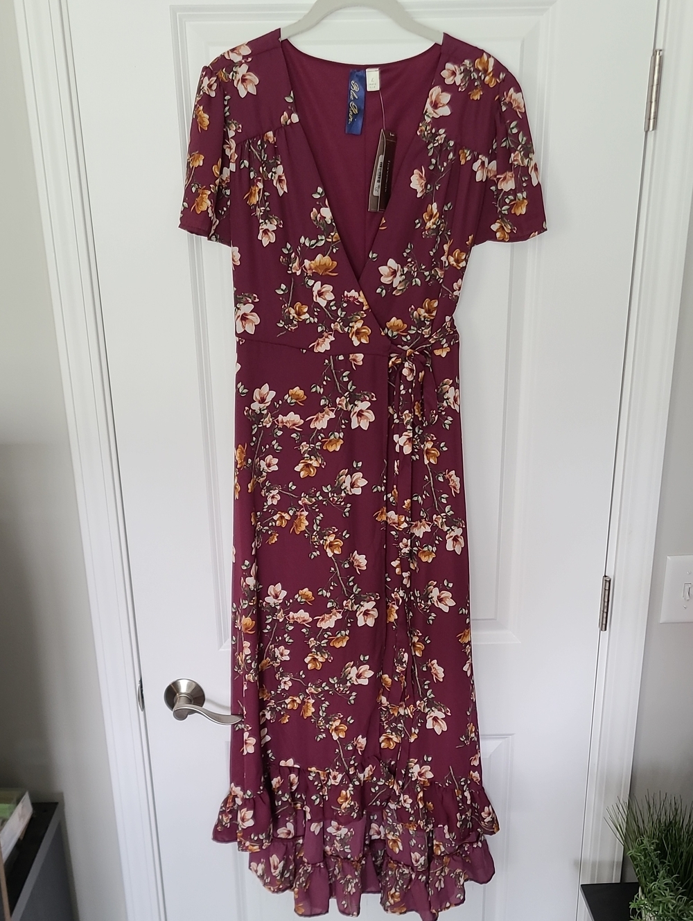 Blue Rain Women’s Burgundy Floral Maxi Wrap Dress
